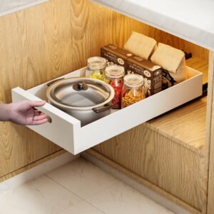 HBL' 2 Pack | 21" Deep Pull Out Cabinet Organizer Adhesive, 10-Inch Wide Sturdy Carbon Steel Roll-Out Drawers for Face Frame or Frameless Cabinets,Slide-Out Shelves for Pantry.
