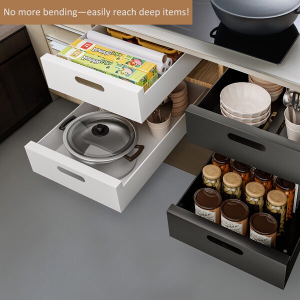HBL' 2 Pack | 21" Deep Pull Out Cabinet Organizer Adhesive, 10-Inch Wide Sturdy Carbon Steel Roll-Out Drawers for Face Frame or Frameless Cabinets,Slide-Out Shelves for Pantry.