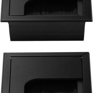 2Pcs Black Desk Cable Grommets 80x80MM, Desk Plug Hole Cover, Computer Desk Metal Cable Hole, Aluminum Alloy Rectangle Cable Hole Cover for Desktop Cable Organizer