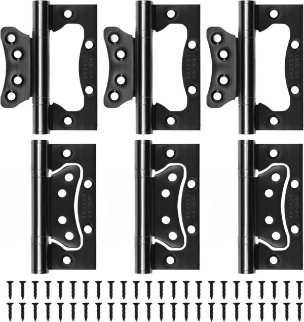 HBL' 6Pcs Door Hinges Surface Mounted Hinge 304 Stainless Steel Flush Mount 105MM x 76MM, Non Mortise Hinges for Heavy Door, Black
