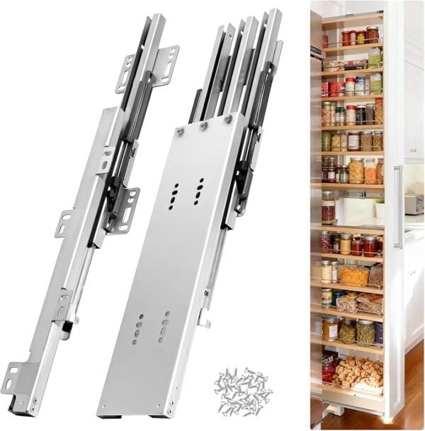 HBL' 16/18/20/22 Inch Pantry Drawer Slides for Tall Cabinets – Dual Top & Bottom Pull-Out Pantry Slides, Soft Close, 120 LBS Heavy-Duty, Silver
