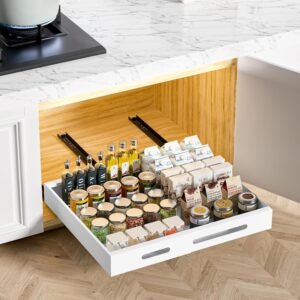 HBL' 1 Pack | 21" Deep Pull Out Cabinet Organizer Adhesive, (13.8" to 22.0") Width Expandable Sturdy Carbon Steel Roll-Out Drawers for Face Frame or Frameless Cabinets,Slide-Out Shelves for Pantry.