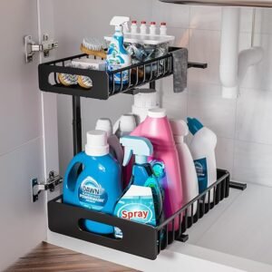 HBL' 1-Pack Large Metal Under Sink Organizer, 2-Tier Slide-Out Under the Kitchen Sink Organizer and Storage,Height Adjustable Under Sink Storage Shelves for Bathroom.