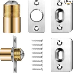 6 Pack | Closet Door Ball Catch Hardware, HBL' Stainless Steel Adjustable Door Catches with Strike Plate for French Door, Hidden Door and Other Interior Doors Hardware Replacement, Brushed Finish.