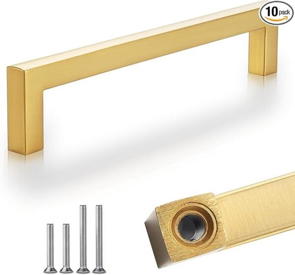 HBL' 10 Pack | Solid Heavy Duty Gold Cabinet Handles - 5inch Hole Center - Gold Handles for Kitchen Cabinet and Drawer - Zinc Alloy Cabinet Pulls, Anti-Fingerprint and Non-Fading.