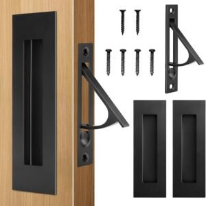 HBL' Pocket Door Hardware Set – 2 Recessed Flush Finger Pulls & 1 Edge Pull, Made of 304 Stainless Steel, Template Included, Black.