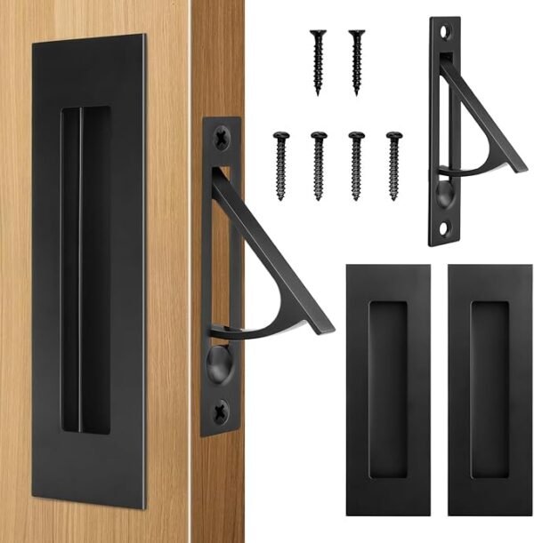 HBL' Pocket Door Hardware Set – 2 Recessed Flush Finger Pulls & 1 Edge Pull, Made of 304 Stainless Steel, Template Included, Black.