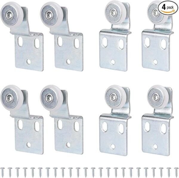 4 Pair Sliding Closet Door Roller Kit - Top Hung Door Replacement Hardware with 3/4 Inch Convex Wheels, Ball Bearing, Stamped Steel, 3/8" & 1/2" Offset Brackets