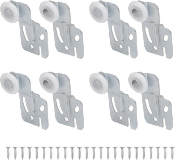 Lashow 4 Pair Sliding Closet Door Roller Kit - Top Hung Door Replacement Hardware with 7/8 Inch Convex Wheels, Stamped Steel, 1/4" & 1/2" Offset Brackets