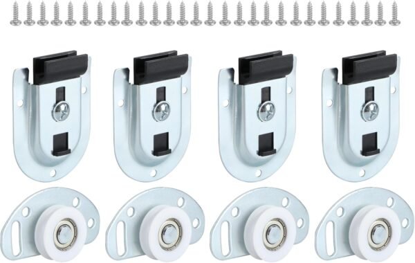 LASHOW Sliding Closet Door Hardware Kit – 4 Pack Bottom Rollers & 4 Pack Top Brackets, Ball Bearing Wheels, Smooth Glide for Closet & Wardrobe Doors, Easy Installation.