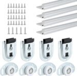 LASHOW Sliding Closet Door Hardware Kit with 48 inch Long Track– 4 Pack Bottom Rollers & 4 Pack Top Brackets, Ball Bearing Wheels, Smooth Glide for Closet & Wardrobe Doors, Easy Installation.