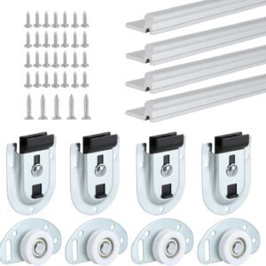 LASHOW Sliding Closet Door Hardware Kit with 48 inch Long Track– 4 Pack Bottom Rollers & 4 Pack Top Brackets, Ball Bearing Wheels, Smooth Glide for Closet & Wardrobe Doors, Easy Installation.