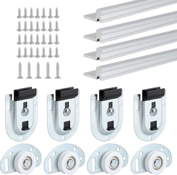 LASHOW Sliding Closet Door Hardware Kit with 48 inch Long Track– 4 Pack Bottom Rollers & 4 Pack Top Brackets, Ball Bearing Wheels, Smooth Glide for Closet & Wardrobe Doors, Easy Installation.