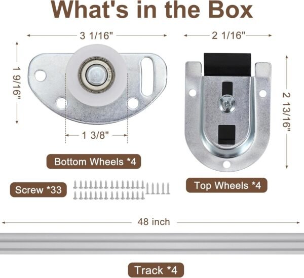 LASHOW Sliding Closet Door Hardware Kit with 48 inch Long Track– 4 Pack Bottom Rollers & 4 Pack Top Brackets, Ball Bearing Wheels, Smooth Glide for Closet & Wardrobe Doors, Easy Installation.