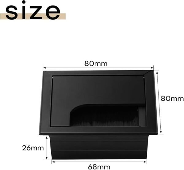 2Pcs Black Desk Cable Grommets 80x80MM, Desk Plug Hole Cover, Computer Desk Metal Cable Hole, Aluminum Alloy Rectangle Cable Hole Cover for Desktop Cable Organizer