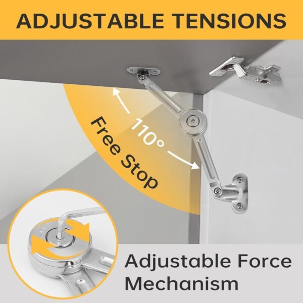 HBL' 2 Pack | Lid Support Hinges Heavy Duty Lid Stay Hinge – 110° Open Angle, Free Stop, Tension Adjustable, Supports Up to 22.5KG for Upper Cabinets & RV Cabinets.