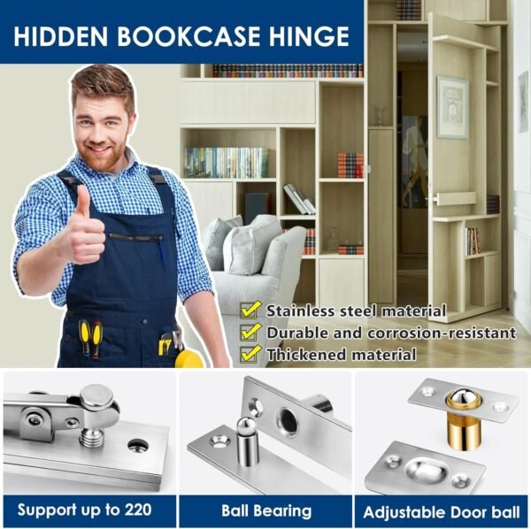 1 Pack | Heavy Duty Pivot Hinge Set with Door Ball Catch for Wood Door - HBL' Stainless Steel Hidden Door Hinge for Secret Door, 360 Degree Rotation, Invisible Pivot Door Hardware for Bookshelf.
