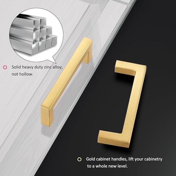 HBL' 10 Pack | Solid Heavy Duty Gold Cabinet Handles - 5inch Hole Center - Gold Handles for Kitchen Cabinet and Drawer - Zinc Alloy Cabinet Pulls, Anti-Fingerprint and Non-Fading.