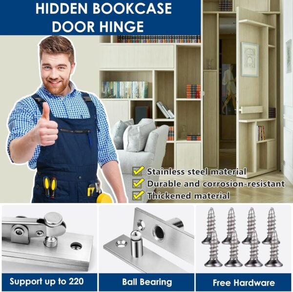 Heavy Duty Pivot Hinge for Wood Door - HBL' Stainless Steel Hidden Door Hinge for Secret Door, with 360 Degree Rotation, Invisible Pivot Door Hardware for Bookshelf.
