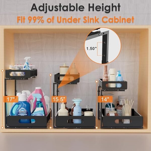 HBL' 1-Pack Large Metal Under Sink Organizer, 2-Tier Slide-Out Under the Kitchen Sink Organizer and Storage,Height Adjustable Under Sink Storage Shelves for Bathroom.
