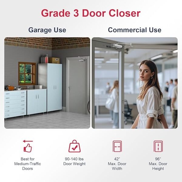 Automatic Garage Door Closer – HBL’ Adjustable Closing & Latching Speed, Durable Sprayed Aluminum, Easy Installation, Also Ideal for Commercial Use.