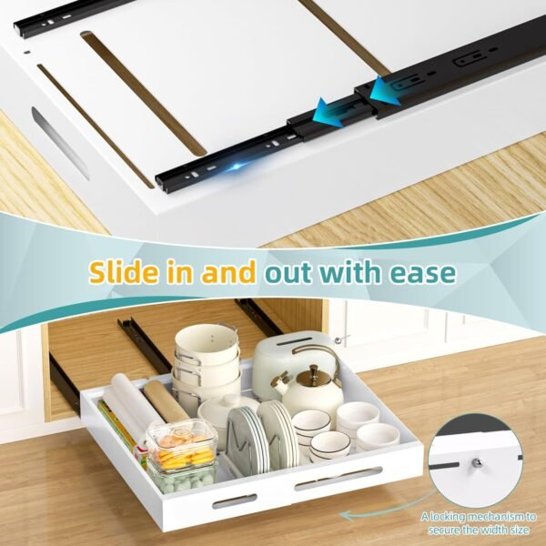 HBL' 1 Pack | 21" Deep Pull Out Cabinet Organizer Adhesive, (13.8" to 22.0") Width Expandable Sturdy Carbon Steel Roll-Out Drawers for Face Frame or Frameless Cabinets,Slide-Out Shelves for Pantry.