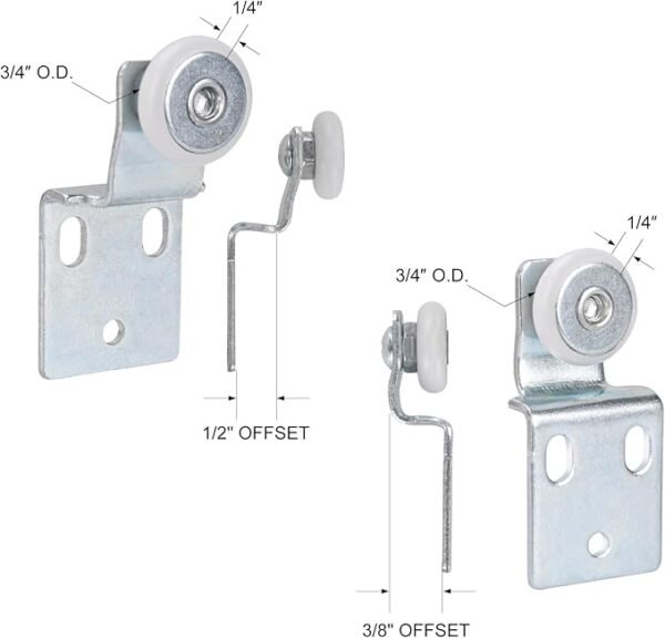 4 Pair Sliding Closet Door Roller Kit - Top Hung Door Replacement Hardware with 3/4 Inch Convex Wheels, Ball Bearing, Stamped Steel, 3/8" & 1/2" Offset Brackets