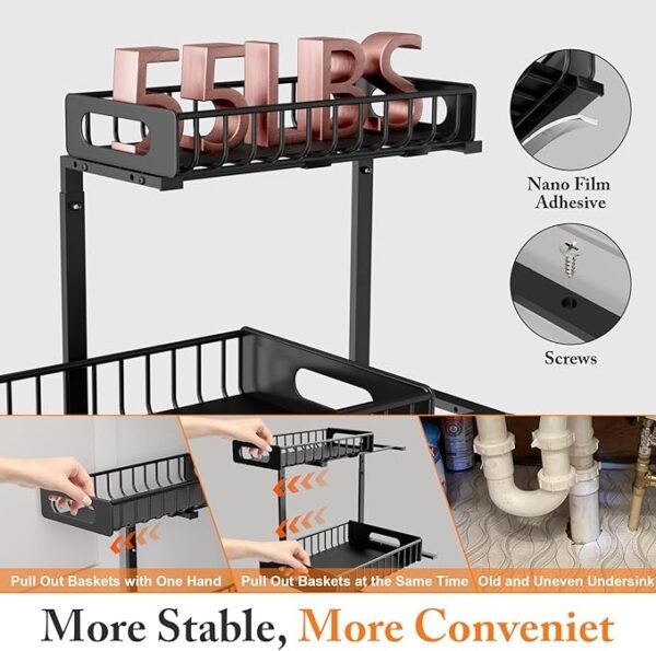HBL' 1-Pack Large Metal Under Sink Organizer, 2-Tier Slide-Out Under the Kitchen Sink Organizer and Storage,Height Adjustable Under Sink Storage Shelves for Bathroom.
