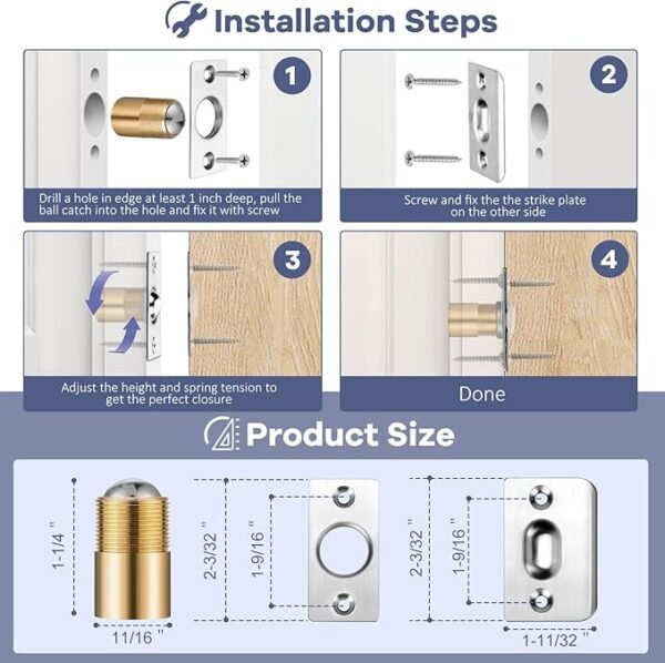 6 Pack | Closet Door Ball Catch Hardware, HBL' Stainless Steel Adjustable Door Catches with Strike Plate for French Door, Hidden Door and Other Interior Doors Hardware Replacement, Brushed Finish.