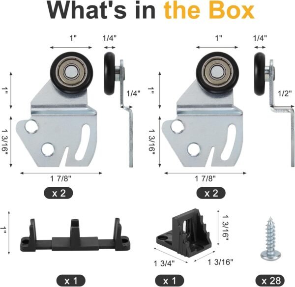 Sliding Closet Door Roller Kit – Top Hung Door Replacement Hardware with 1-Inch Convex Ball Bearing Wheels, Stamped Steel, 1/4" & 1/2" Offset Brackets