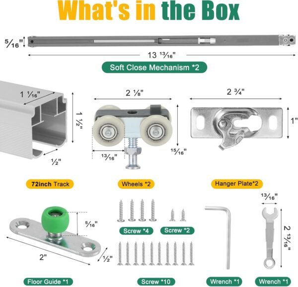 Lashow 72 Inch Porcket Door Hardware Kits with Soft Close & Soft Open, Sliding Pocket Door Hardware with 6ft Aluminum Track for New Building, No Door Included