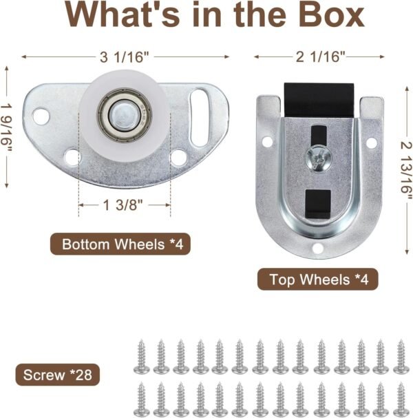 LASHOW Sliding Closet Door Hardware Kit – 4 Pack Bottom Rollers & 4 Pack Top Brackets, Ball Bearing Wheels, Smooth Glide for Closet & Wardrobe Doors, Easy Installation.