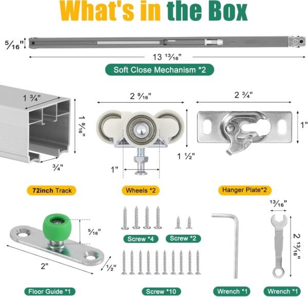 Lashow 72 Inch Porcket Door Hardware Kits with Soft Close & Soft Open, Sliding Pocket Door Hardware with 6ft Aluminum Track for New Building, No Door Included.