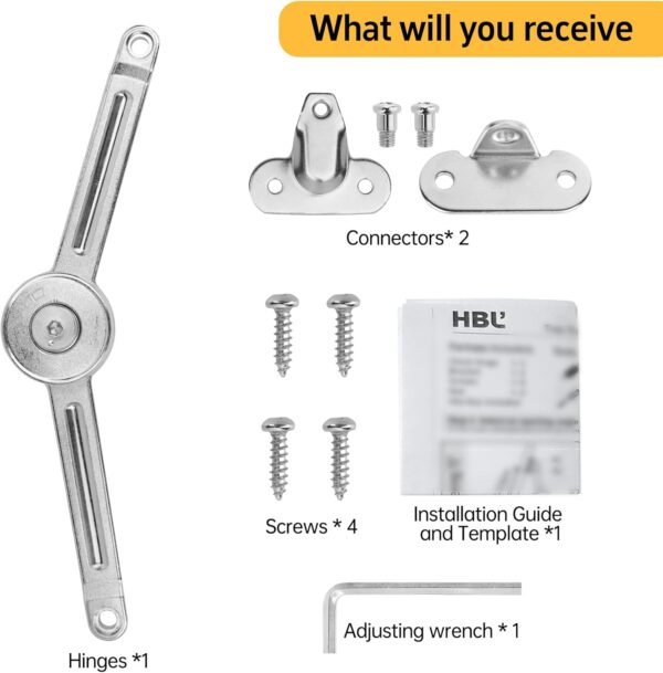 HBL' 2 Pack | Lid Support Hinges Heavy Duty Lid Stay Hinge – 110° Open Angle, Free Stop, Tension Adjustable, Supports Up to 22.5KG for Upper Cabinets & RV Cabinets.